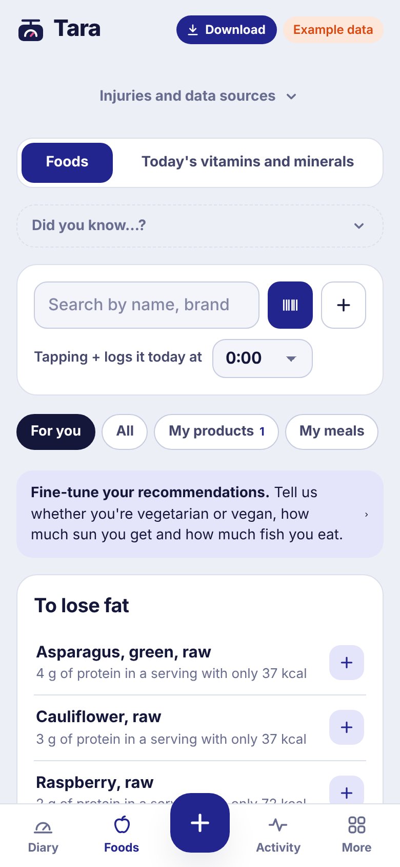 Foods screen: search by name or brand with a barcode scanner, the time a food is logged at, and suggested foods to lose fat with their protein and kcal per serving.