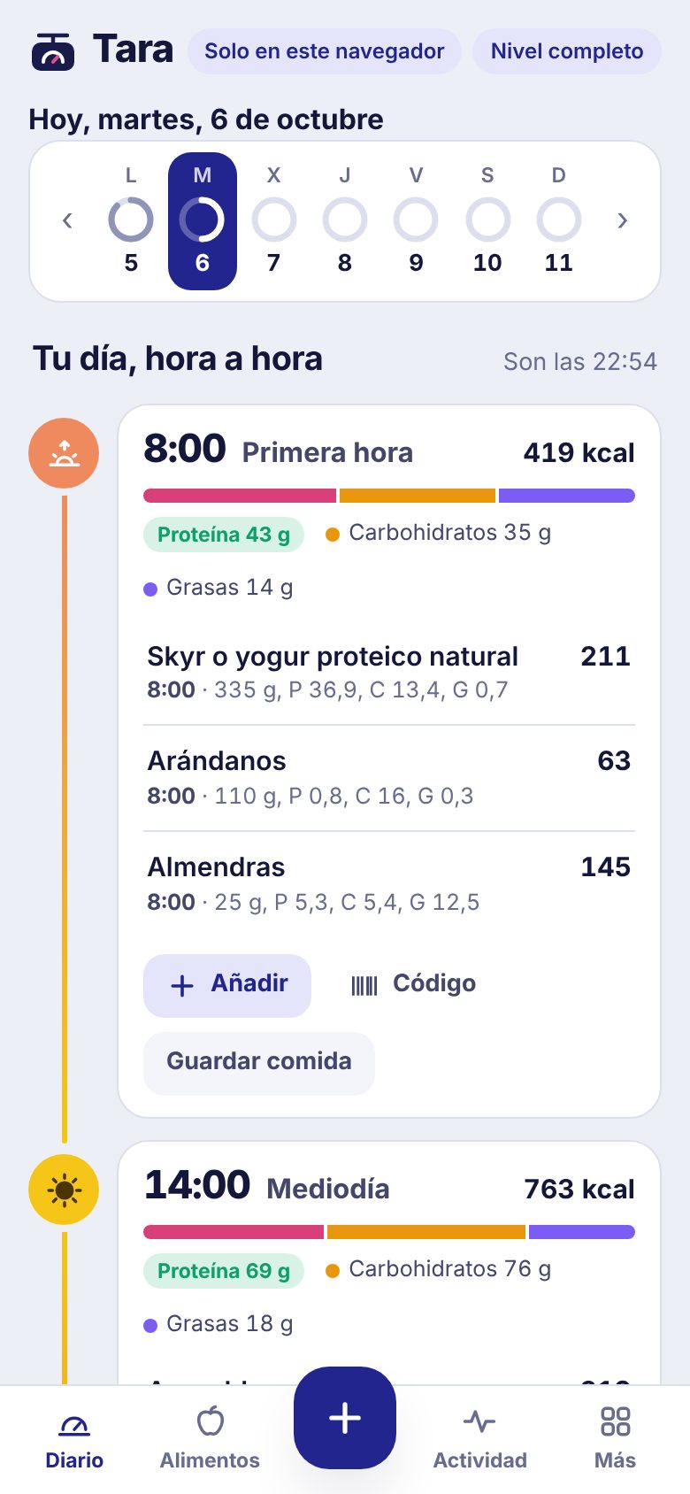 Tu día, hora a hora: las comidas de primera hora y de mediodía, cada una con sus kcal, proteína, carbohidratos y grasas, y botones para añadir alimentos o leer un código de barras.